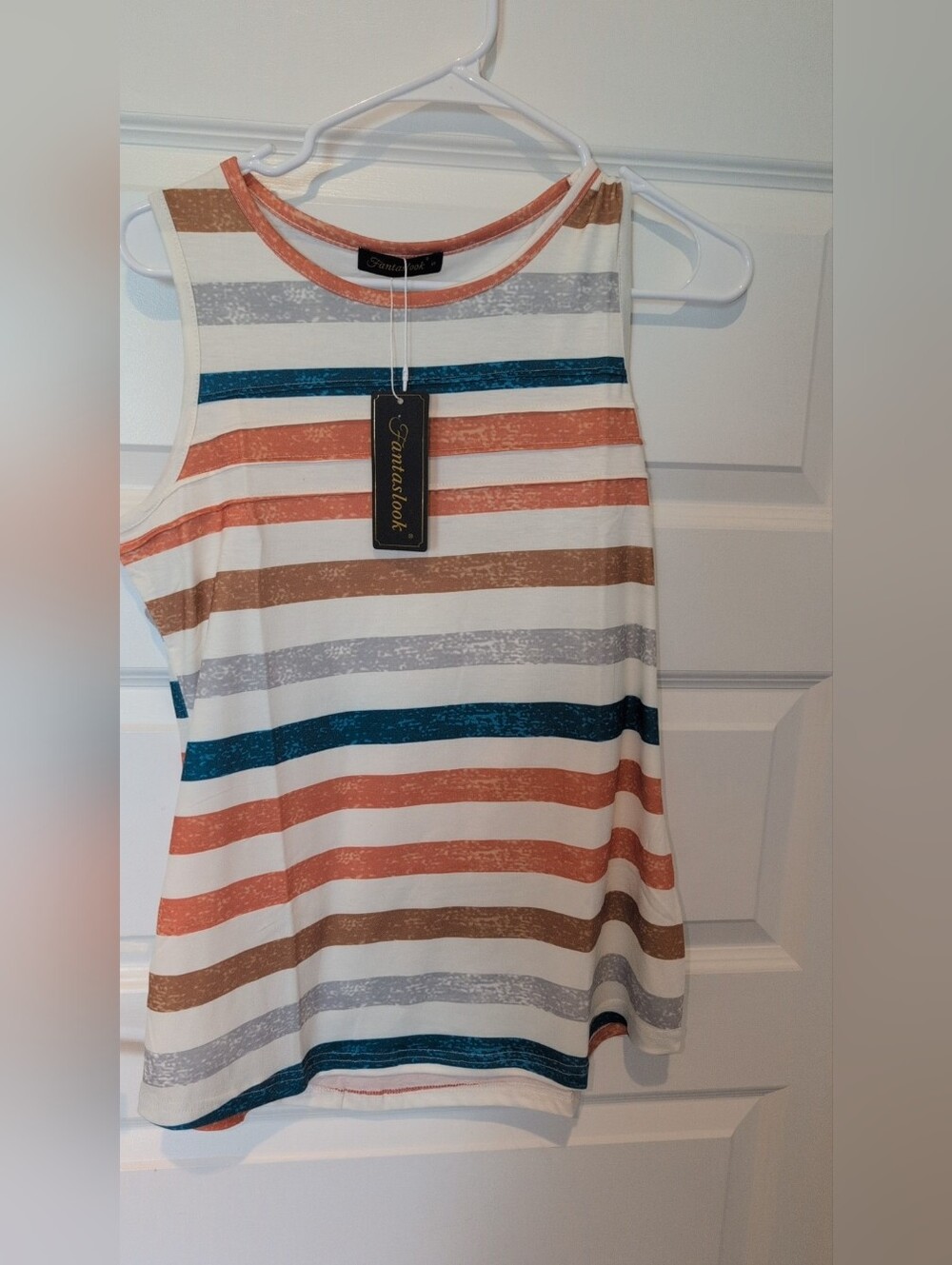 Women's Striped Sleeveless Top in Coral, Teal & Taupe